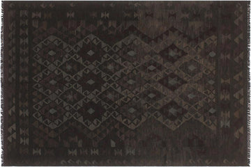 Flat Weave Kilim, Antique, Navaho, Vintage, Handmade, Geometric Kilim Black Gray Hand-Woven Rectangle 100% Wool Area Rug 5 x 8